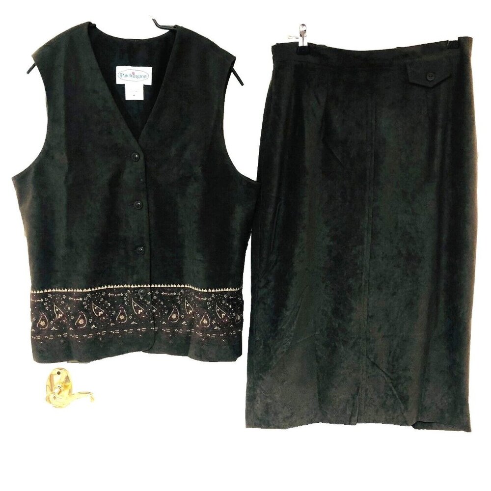 Y2K Patchington 2 PC Midi Skirt Vest Set Women 10 M Faux Suede Paisley Lined Y2K